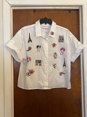 Karl Lagerfeld White Button-Front Women Shirt with Paris Embroidery